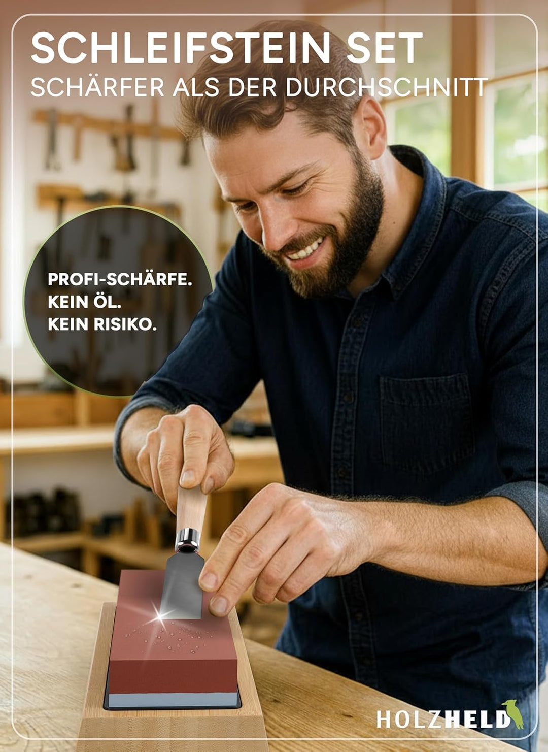 Schleifstein - Schärfen von Messer, Werkzeug und Stechbeitel inkl. Schleifhilfe - Profi Messerschlei