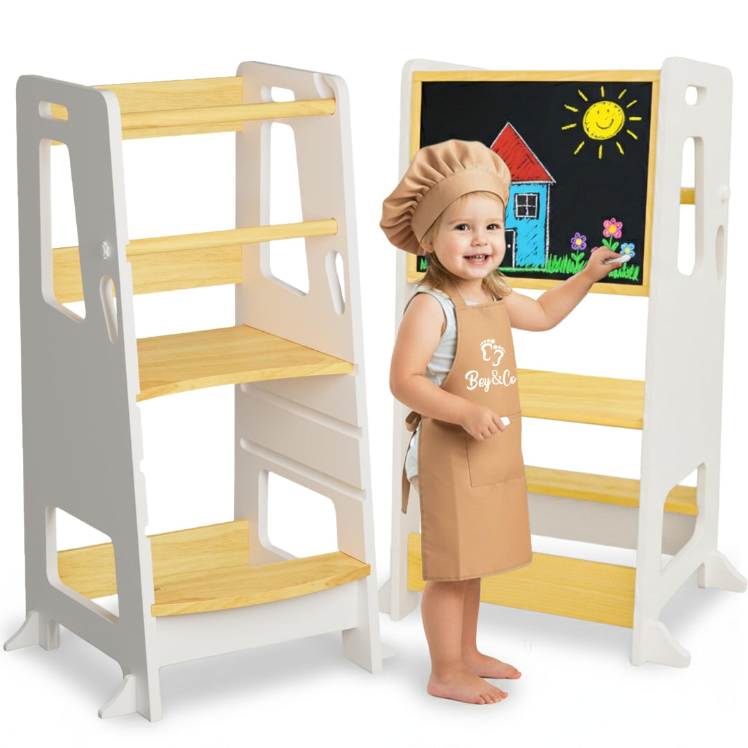BEY & CO® Lernturm/Entdeckerturm aus Holz – Küchenhelfer für Kinder – 3-Fach höhenverstellbar, mit R