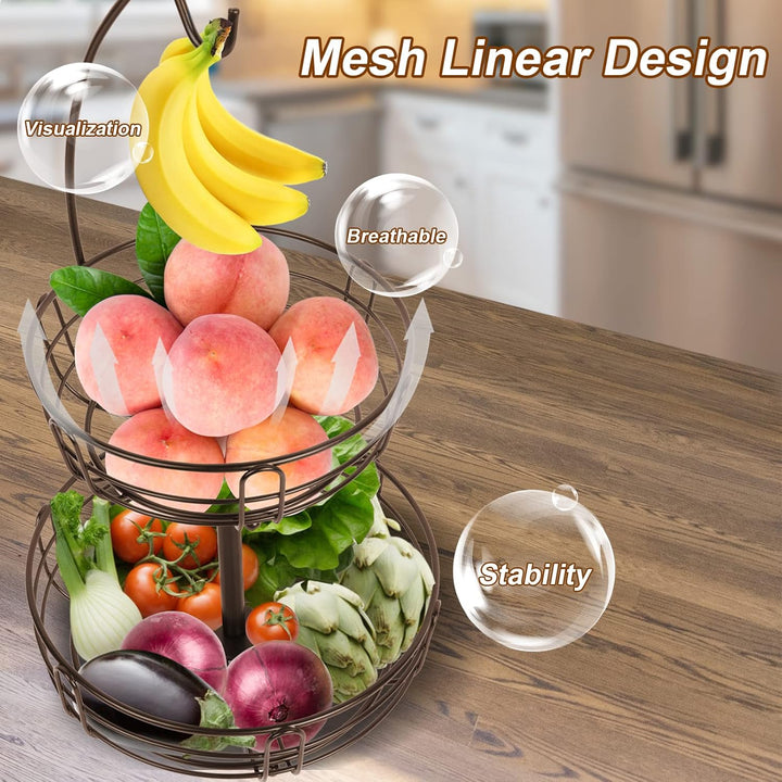 Bomclap Obst Etagere - 2 Etagen Obstkorb mit Bananenhalte - Abnehmbare Obstschale aus Metall - Küche