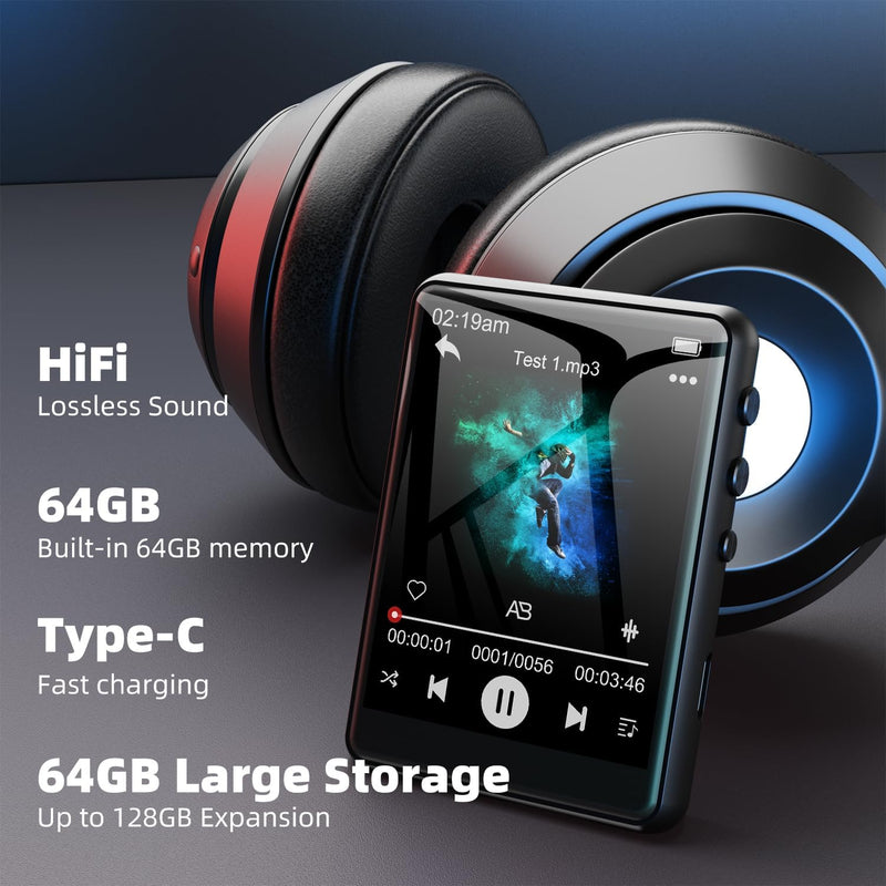 64GB MP3 Player Bluetooth 5.3 2.4" Full Touchscreen Tragbarer Walkman MP3 Player mit Lautsprecher, S