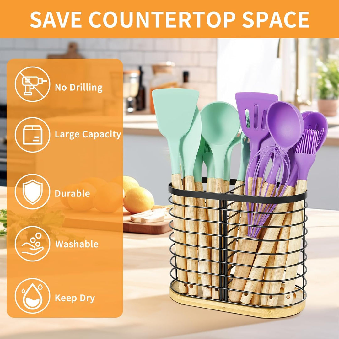 Utensilienhalter für Küchentheke，Küchenarbeitsplatte Utensil Organizer，grosse schwarze Edelstahl Ute