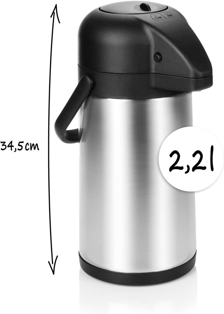 com-four® 2,2L Isolier-Pumpkanne - 2,2 Liter Airpot aus Edelstahl - Doppelwandige Thermoskanne mit P