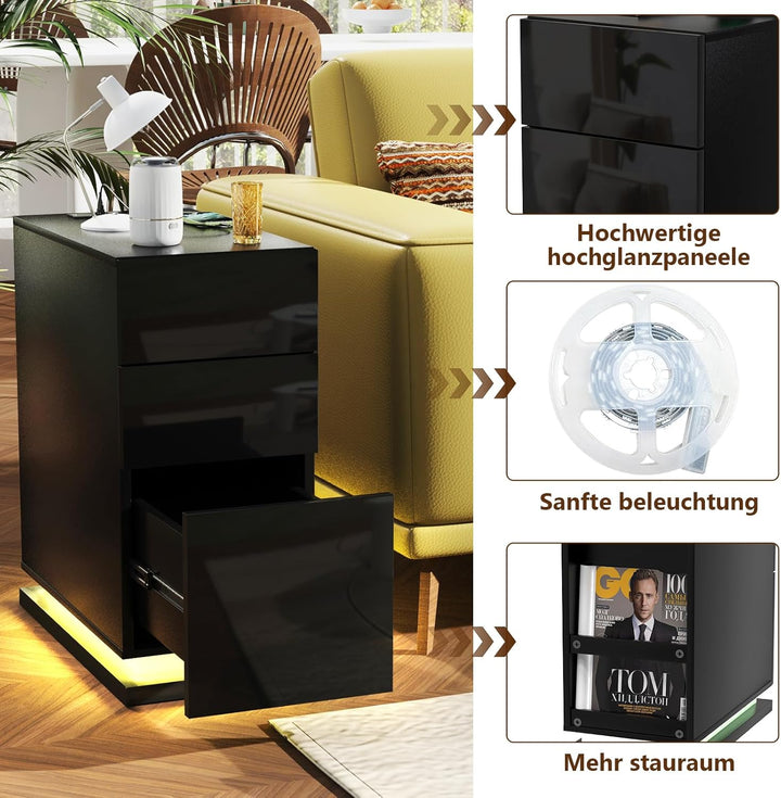 PIPIPOXER Nachttisch LED mit Steckdose & USB, Schwarz Hochglanz 16-Farben RGB-Licht, Schmal mit 3 Sc