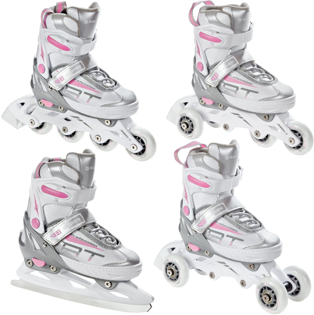 4in1 Inlineskates/Triskates/Rollschuhe/Schlittschuhe Raven Profession Weiss/Rosa 35-39(23cm-25,5cm),