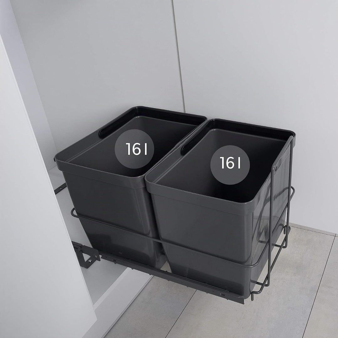 LM 79/2 Einbau Mülleimer ausziehbar mit 2x16L Abfalleimer Korbauszug anthrazitfarben 33,2x48x35,5 cm