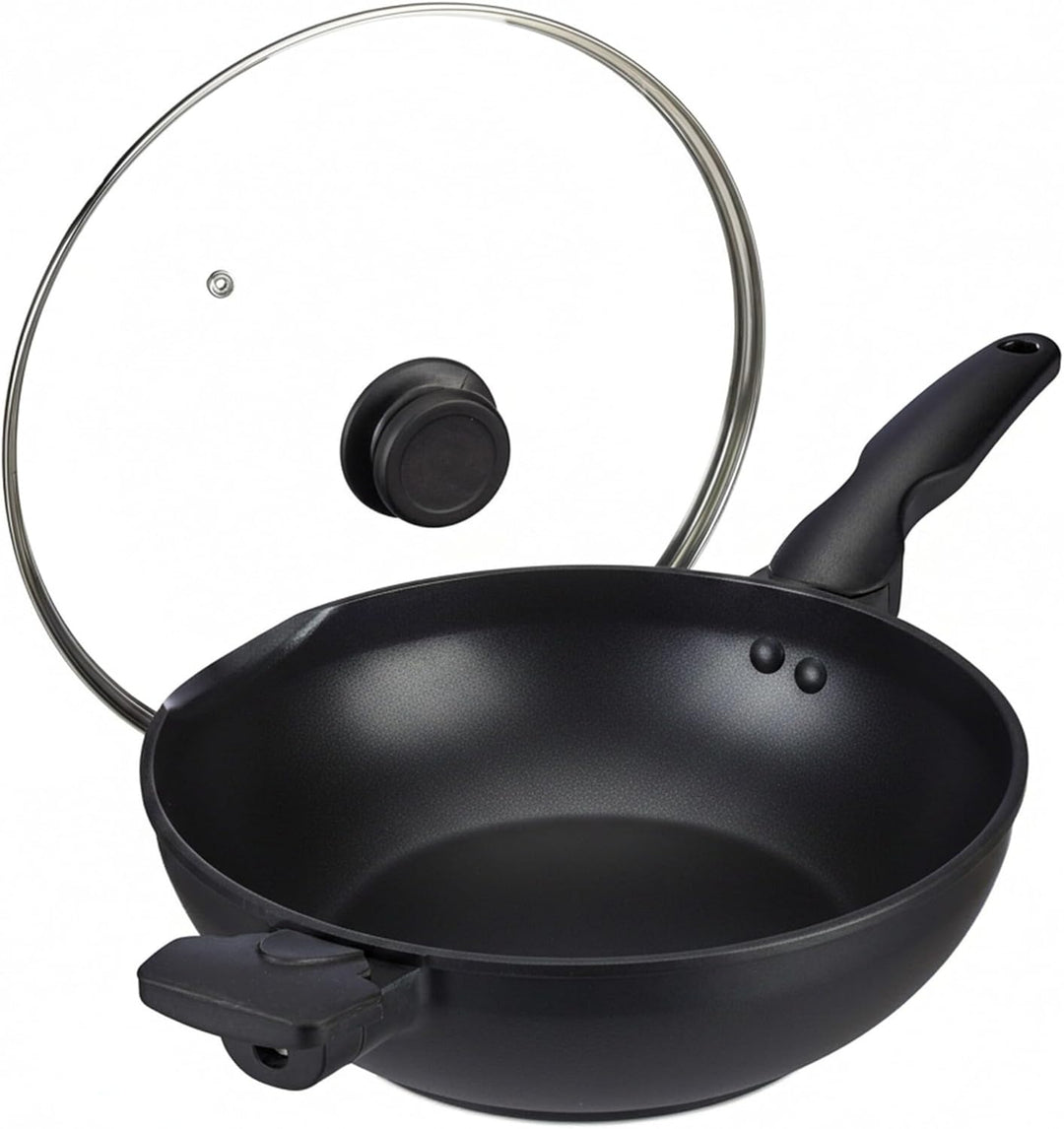 Relaxdays Wok Pfanne mit Glasdeckel 30 cm, Griffe, Antihaftbeschichtung, für Induktion, Gas-, Elektr