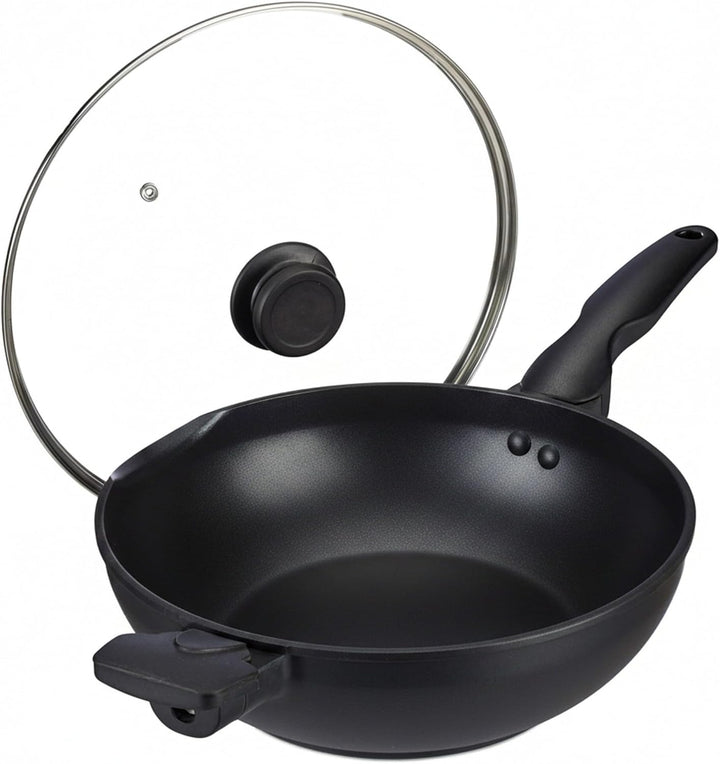 Relaxdays Wok Pfanne mit Glasdeckel 30 cm, Griffe, Antihaftbeschichtung, für Induktion, Gas-, Elektr