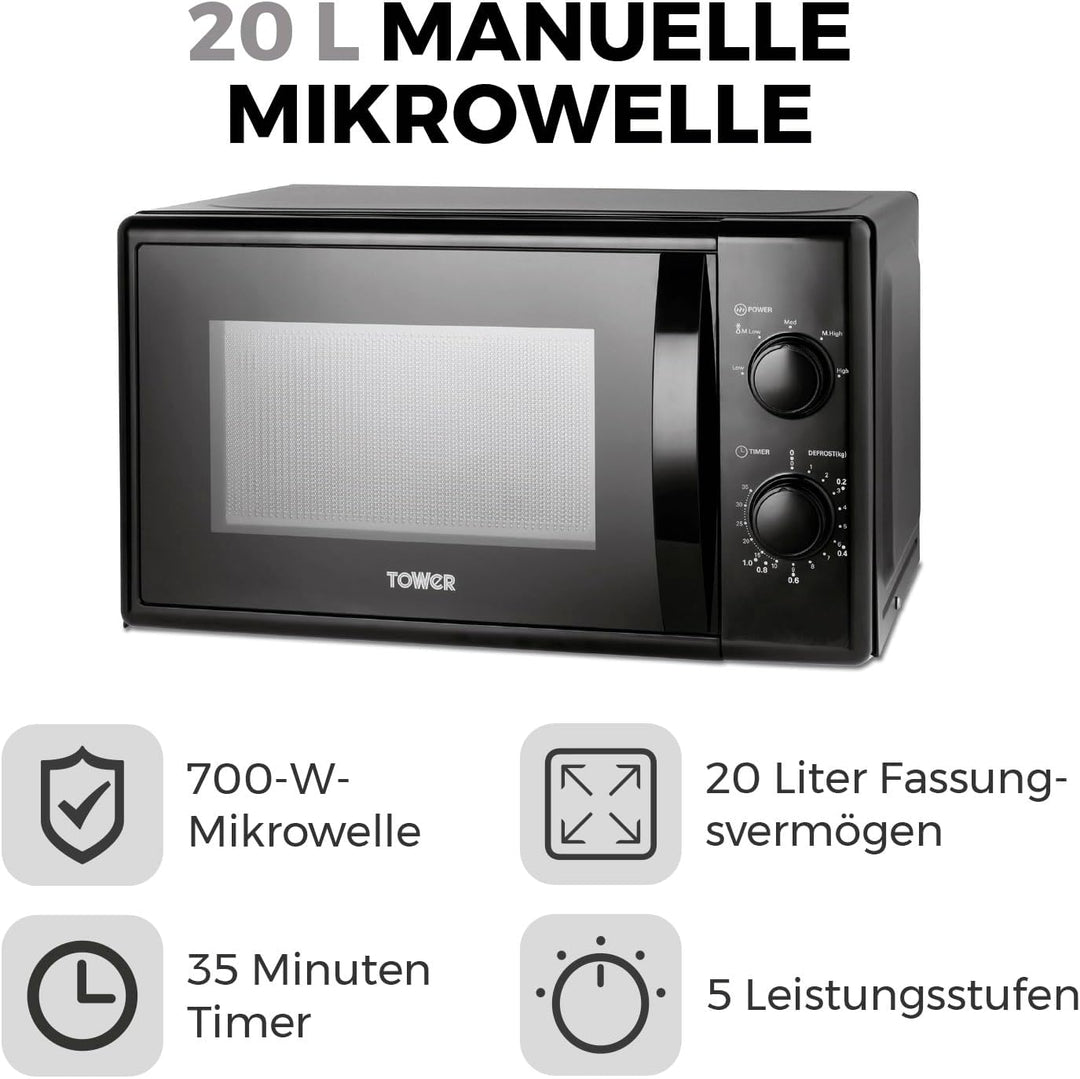 Tower T24034BLK 20 Liter 700W Manuelle Mikrowelle mit 5 Leistungsstufen und einem 35 Minuten Timer -