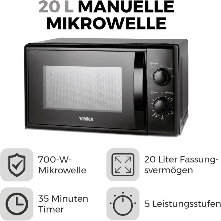 Tower T24034BLK 20 Liter 700W Manuelle Mikrowelle mit 5 Leistungsstufen und einem 35 Minuten Timer -