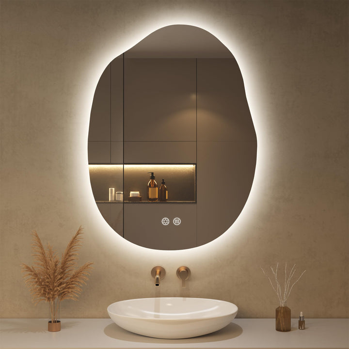 Spiegel mit Beleuchtung Asymmetrischer LED Badspiegel 60 x 80 cm mit Touch-Schalter, Dimmbar 3 Licht