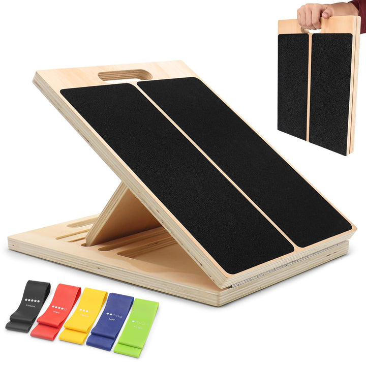 Verstellbares Schrägbrett aus Holz 40 × 30 × 4,5 cm mit 5 elastischen Bändern – rutschfeste Fitness-