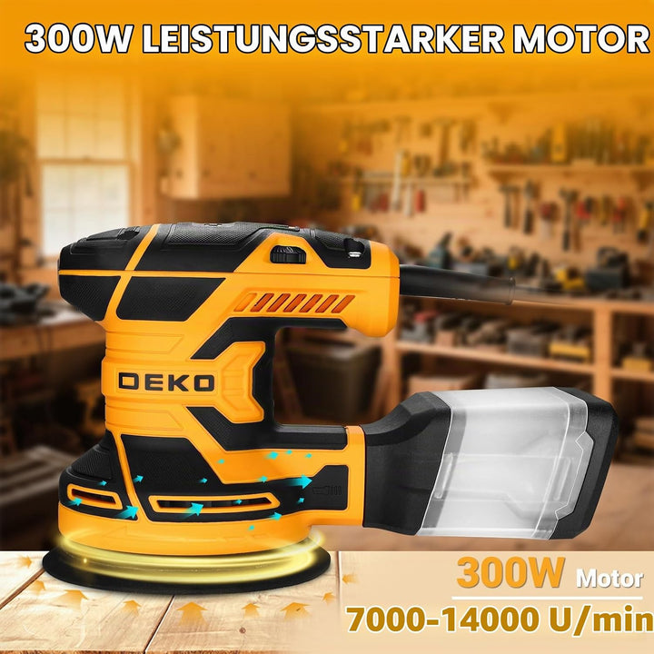Exzenterschleifer 125mm mit Absaug 300W: DEKOPRO Schleifmaschine für Holz mit 16 Schleifpapieren,3*