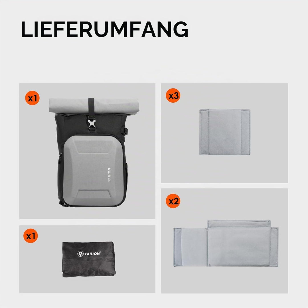 TARION Kamerarucksack Rolltop Fotorucksack mit Hartschale: Professionelle Kameratasche Spiegelreflex