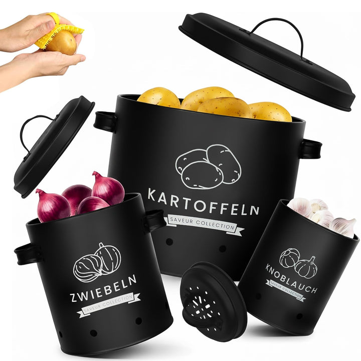 AH® Kartoffel Aufbewahrungsbox [3er Set] inkl. Gemüsebürste- längere Haltbarkeit durch 360° Luftzirk