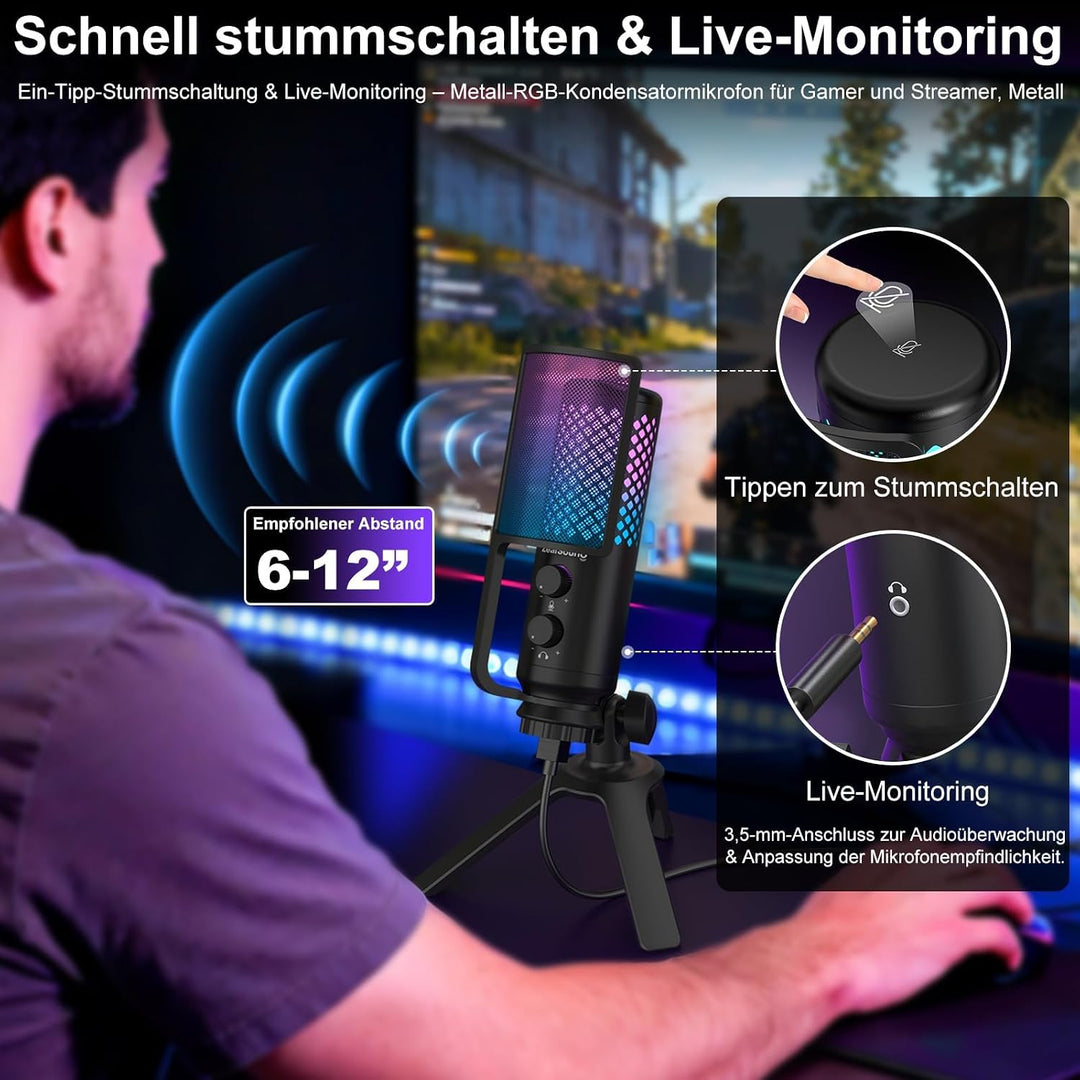 zealsound Gaming Mikrofon PC Handy - Vollmetall-Konstruktion USB Microphone mit Stummschalttaste, fü