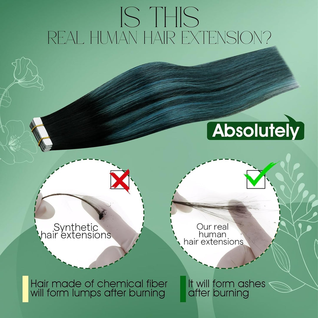 RUNATURE Tape in Extensions Echthaar 30cm Balayage Schwarz Green Ombre Kurz Haarverlangerung Echthaa