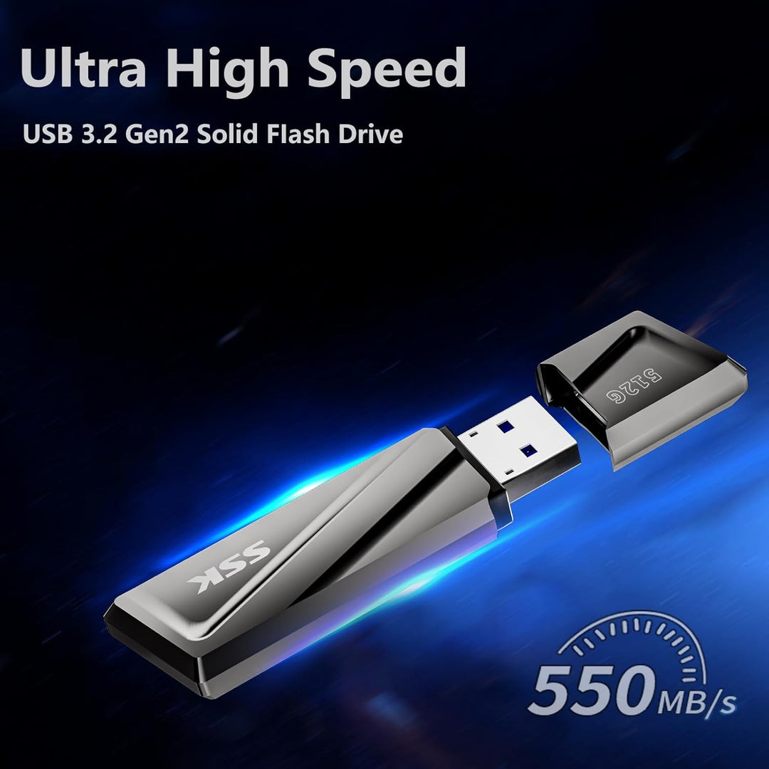 SSK USB3.2 SSD Stick 512GB, High Speed bis zu 550MB/s Extreme Schneller USB-Stick + USB-C Adapter Ex