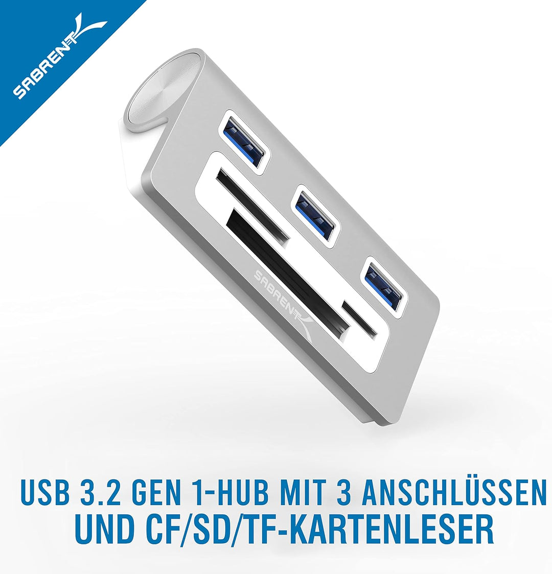 SABRENT usb Hub 3.2x1, USB Adapter 6 in 1 mit 3 Porten, CF, SD/microSD Leser, Verteiler, Verlängerun