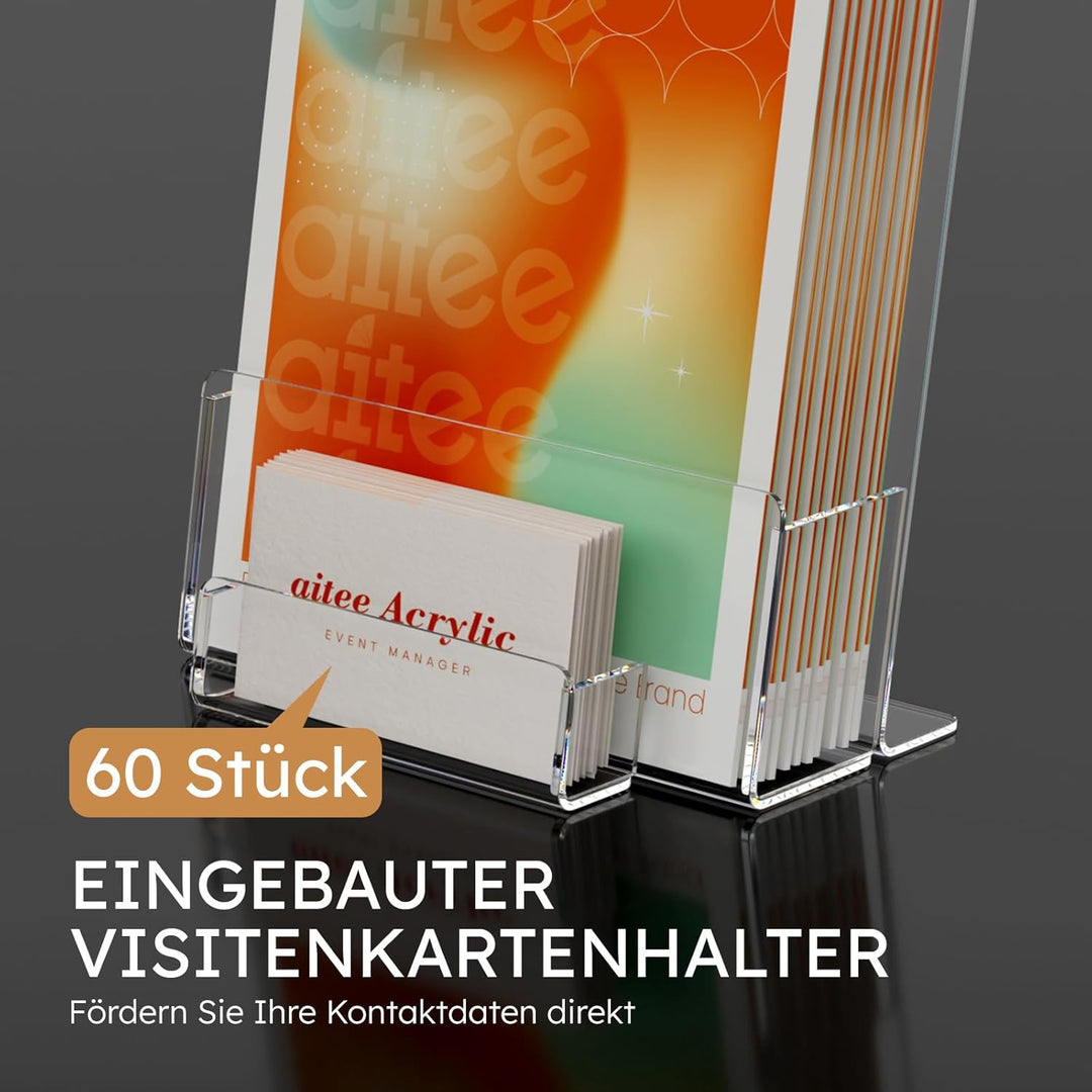 AITEE DIN A5 Tisch-Prospektständer: 2 Stück Acryl Transparenter Flyerständer mit Visitenkartenhalter