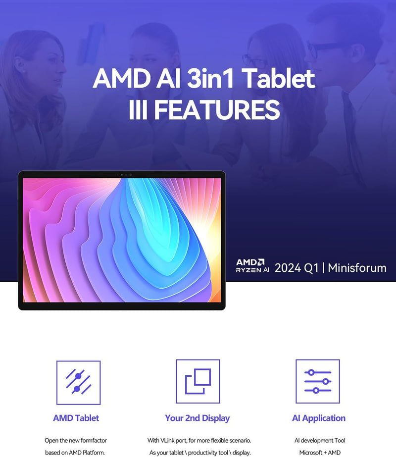 Minis Forum V3 3-in-1 Tablet PC, AMD Ryzen 7 8840U 14-Core-Laptop mit bis zu 5,1 GHz, AMD Radeon 780