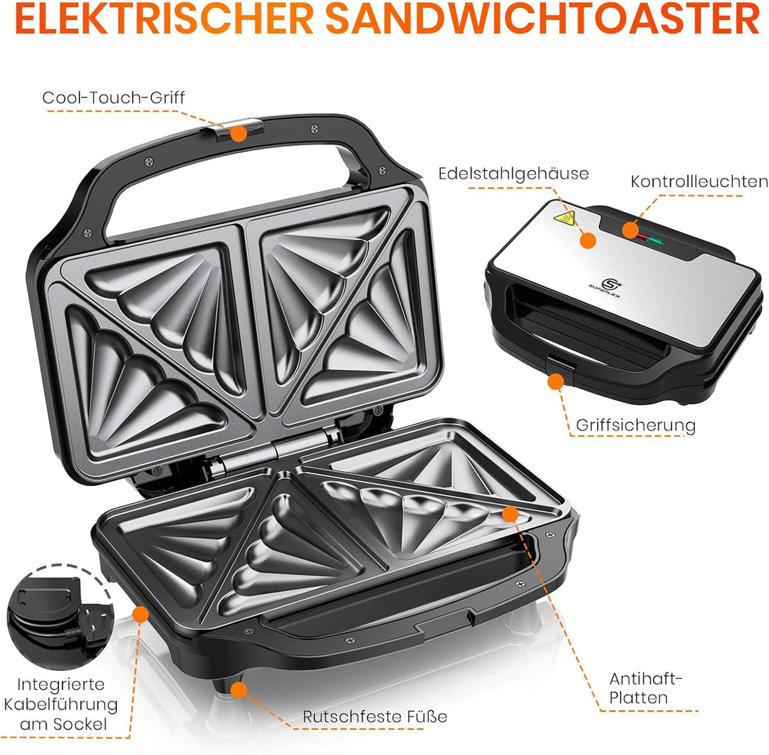 Sandwichmaker 1000W Sandwichtoaster Kontaktgrill Sandwich Grill | Mit Antihaftbeschichtung Schnelle