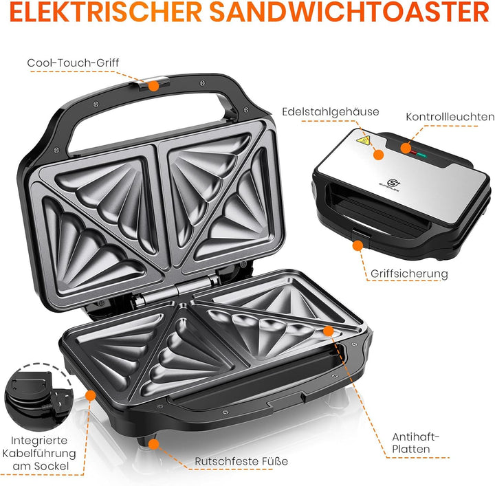 Sandwichmaker 1000W Sandwichtoaster Kontaktgrill Sandwich Grill | Mit Antihaftbeschichtung Schnelle