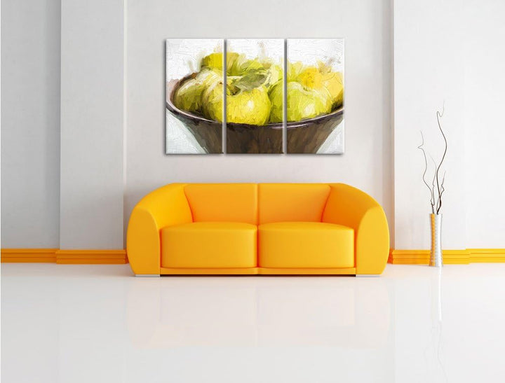 Pixxprint grünen Äpfel in Holzschale Pinsel Effekt 3-Teiler Leinwandbild 120x80 Bild auf Leinwand