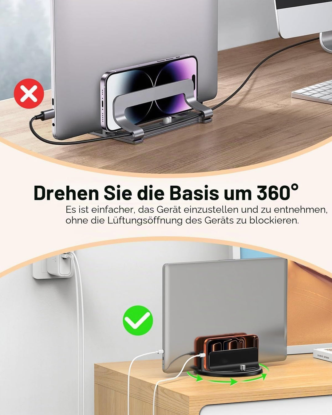 OMOTON 360° Drehbarer Vertikaler Laptop Ständer, 2 Slot Aluminium Laptop Halter mit Taktilem klick,