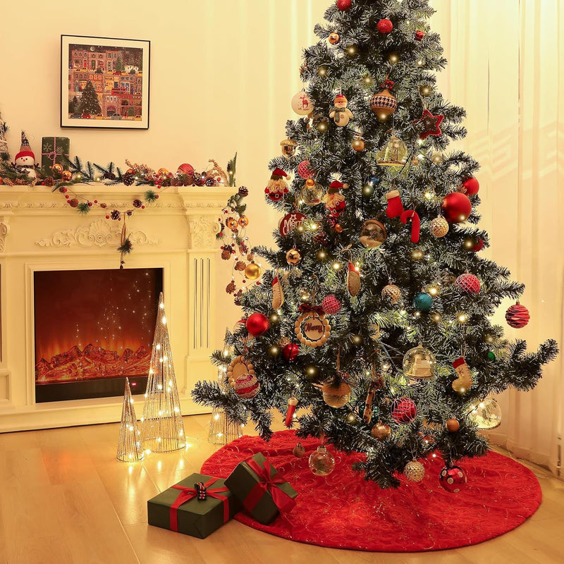 Lewondr Weihnachtsbaum Rock, 122cm Weihnachtsbaumdecke mit Schneeflockenmuster, Gestrickte runde Chr