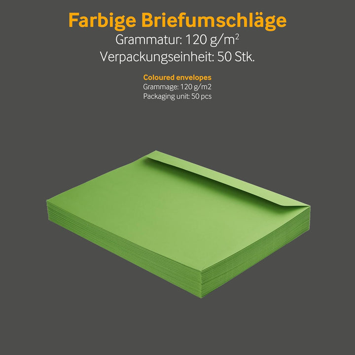 50 Stück, Farbige Briefumschläge, DIN C4, Haftklebung mit Abziehstreifen, Gerade Klappe, 130 g/qm Co