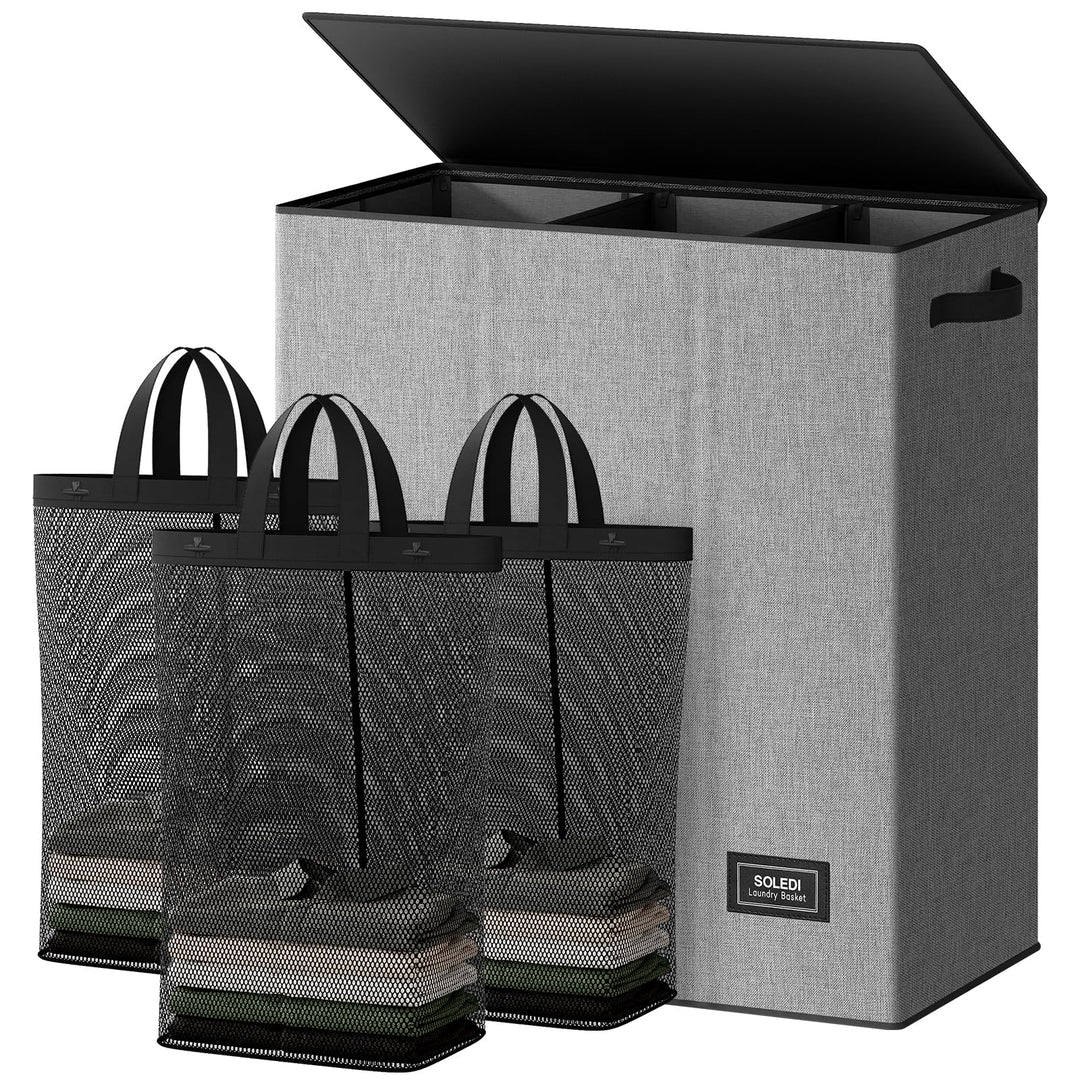 SOLEDI 160L Wäschekorb, Wäschesammler 3 fächer mit Deckel und 3 Wäschesack - Wäschesortierer Gross X