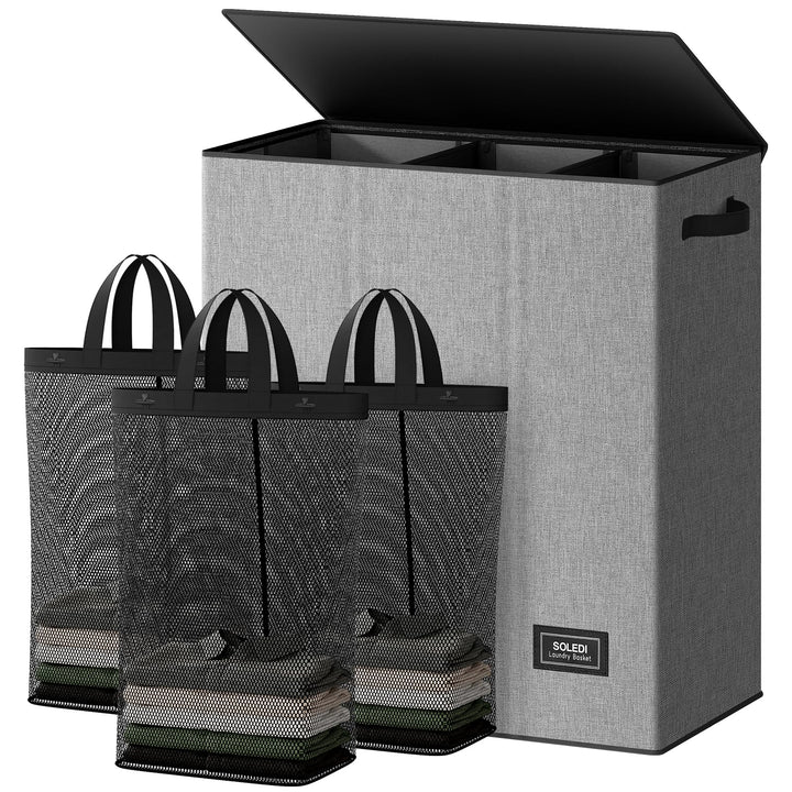 SOLEDI 160L Wäschekorb, Wäschesammler 3 fächer mit Deckel und 3 Wäschesack - Wäschesortierer Gross X