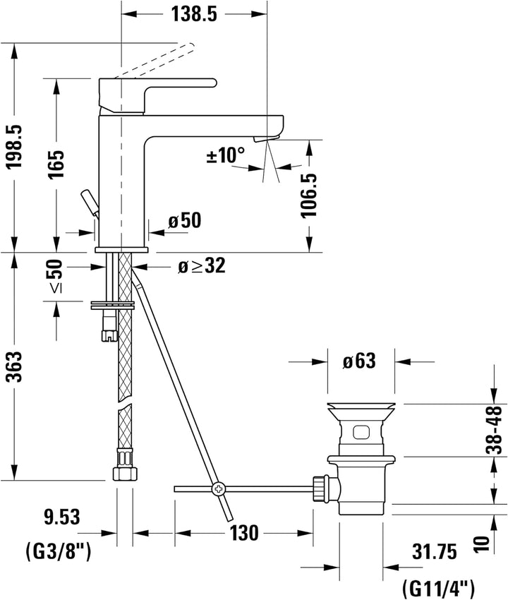 Duravit B21020 B.2 Waschtischarmatur, Wasserhahn Bad mit Zugstangen-Ablaufgarnitur, Waschbecken Arma
