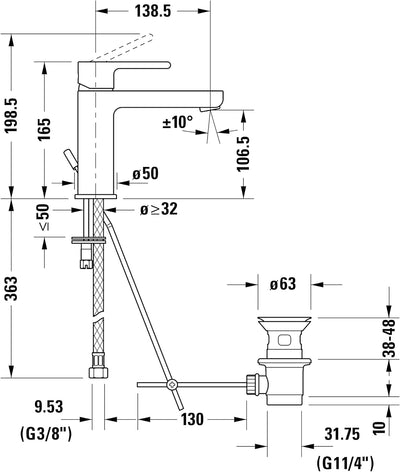 Duravit B21020 B.2 Waschtischarmatur, Wasserhahn Bad mit Zugstangen-Ablaufgarnitur, Waschbecken Arma