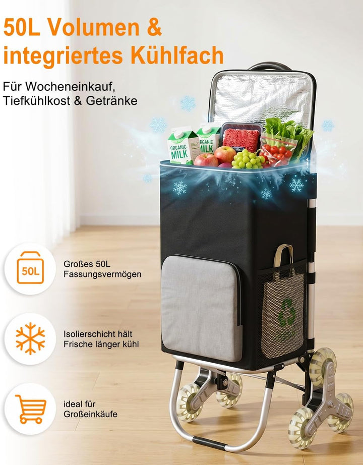 DROMEZ Einkaufstrolley Treppensteiger, 50L Einkaufswagen Trolley Gross mit Kühlfach, Hackenporsche K