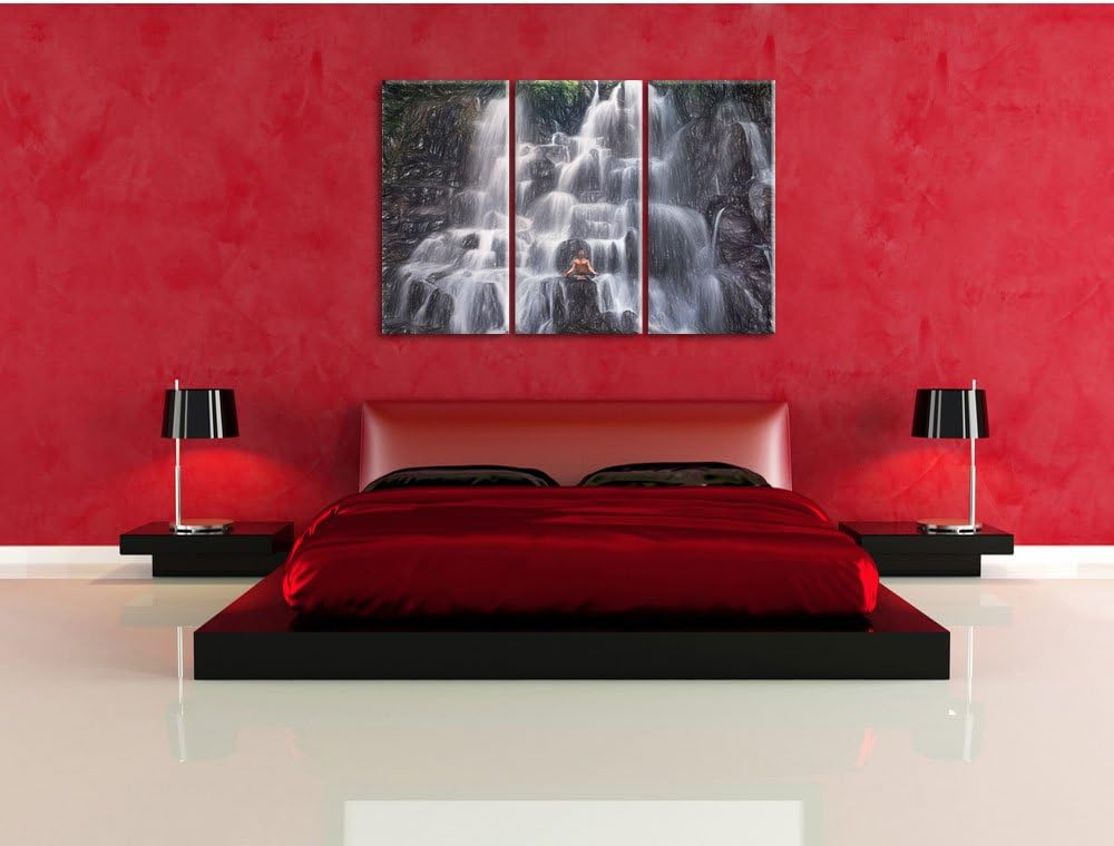 Pixxprint Ruhe und Yoga am Wasserfall Kanto Lampo in Bali Kunst Buntstift Effekt 3-Teiler Leinwandbi