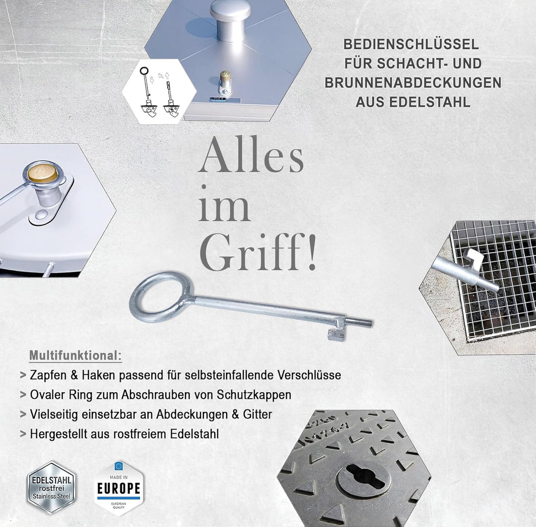 Aushebe- und Bedienschlüssel für Schacht, Brunnen und Edelstahlabdeckungen, Bedienungsschlüssel, Sch