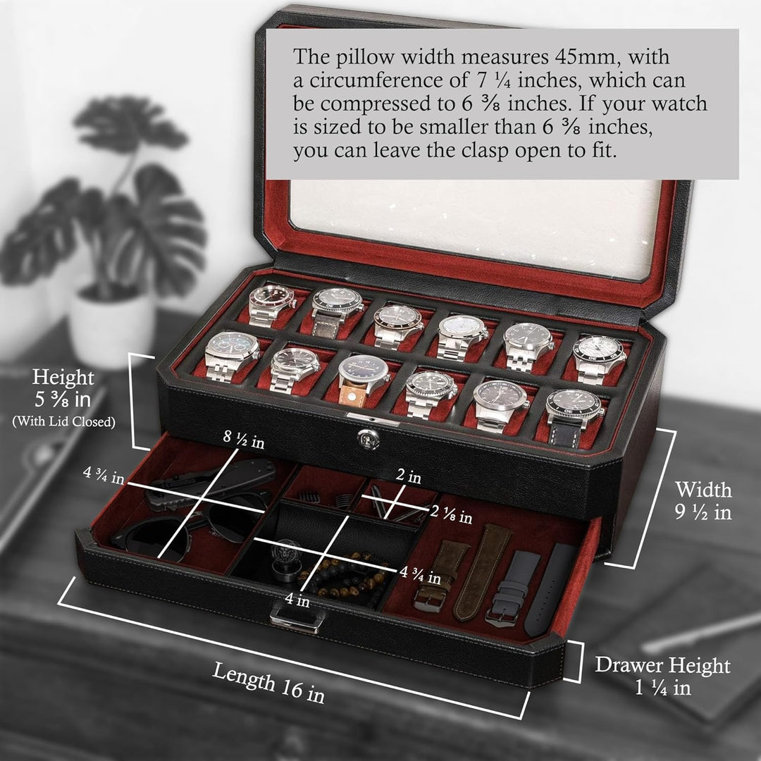 ROTHWELL 12-Fach-Leder-Uhrenbox mit Valet-Schublade – 12-Fach-Luxus-Uhrenetui, Display-Organizer, Mi