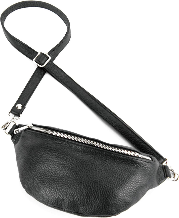 modamoda de - T211 - ital. Hüfttasche Bauchtasche Brusttasche Medium aus weichem Leder, Farbe:Schwar