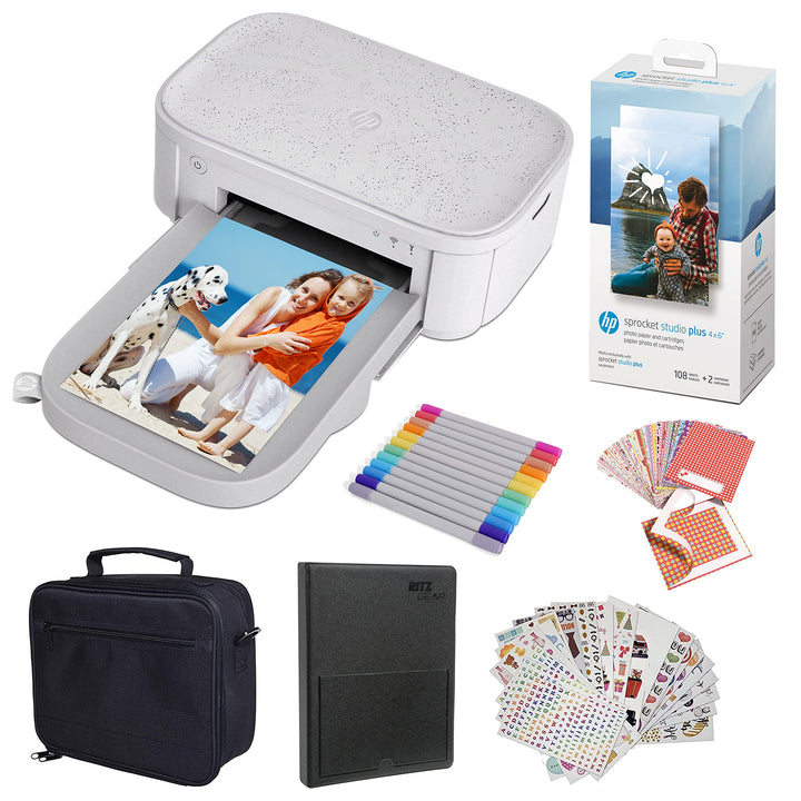 HP Sprocket Studio Plus 4 x 6 Zoll Sofortbilddrucker – Paket: Fotoalbum, Marker, Fotopapier und Aufk