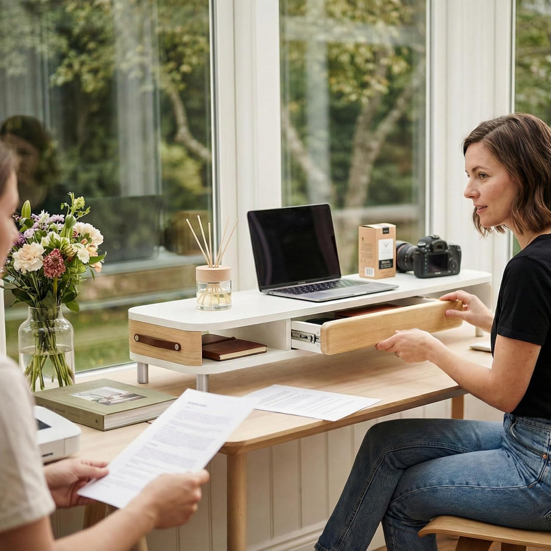 Fenge Dual Monitorständer mit Schublade, 108cm Bildschirmerhöhung mit Aluminiumbeinen & Ledergriff,