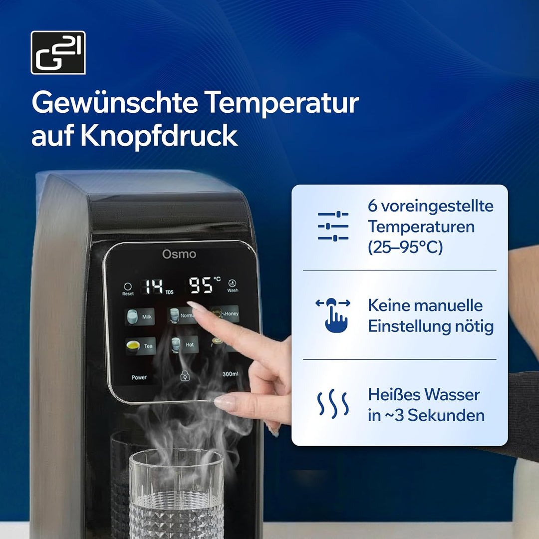 G21 Osmo Osmoseanlage Trinkwasser 3L, 1:1 Rein- zu Abwasserverhältnis, Umkehrosmoseanlage mit Heissw