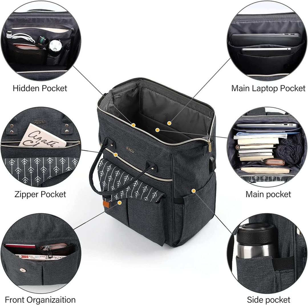 Rucksack Damen, Laptop Rucksack für 15.6 Zoll Laptop Schulrucksack mit USB Ladeanschluss für Arbeit