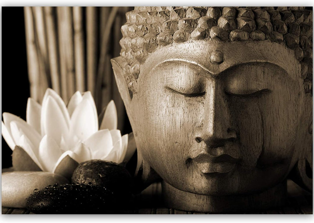 Feeby Wanddeko XXL Buddha Leinwandbild 5 Teilig Blume Lilie Skulptur Zen Sepia 100x70 cm Leinwandbil
