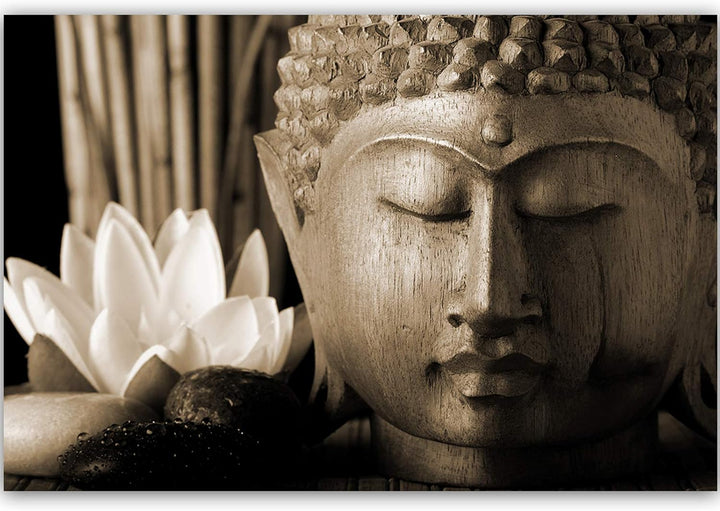 Feeby Wanddeko XXL Buddha Leinwandbild 5 Teilig Blume Lilie Skulptur Zen Sepia 100x70 cm Leinwandbil