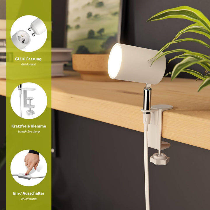 ledscom.de Klemmleuchte WAIKA, Schalter, weiss matt, inkl. LED GU10 Lampe, 3-Stufen Dimmen: max. 500