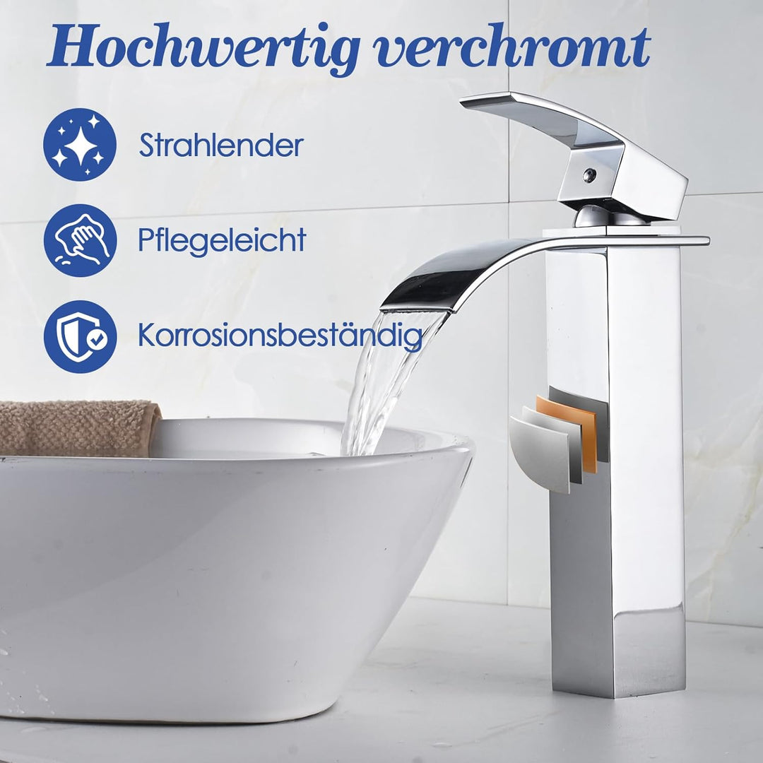Hoch Wasserhahn Bad, Wasserfall Einhebel Waschtischarmatur, Mischbatterie Waschbecken Kaltes und Hei