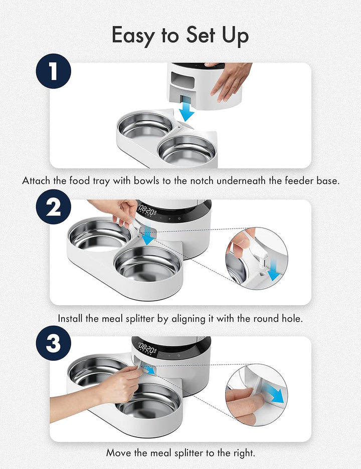 PETLIBRO Haustiernahrung Splitter mit Edelstahlnäpfen, Automatischer Katzenfutterspender für Zwei Ka