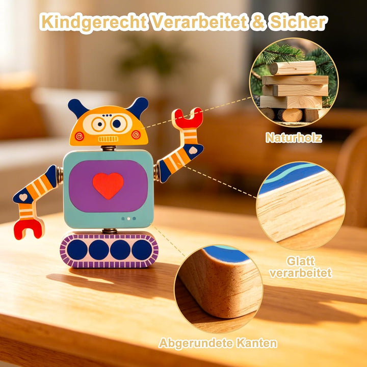 Montessori Spielzeug ab 3 Jahre, 33-TLG. Holz-Roboter-Bauset | Einfaches Stecksystem mit beweglichen