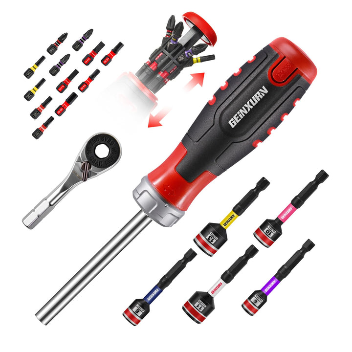 Ratschen Schraubendreher und Magnetischer Bithalterung, Ergonomischer Griff mit Bits Lagerfläche, In